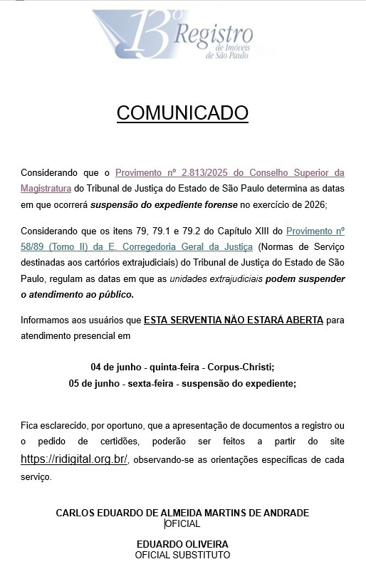 Comunicado sobre expediente em 04 e 05 de junho de 2026